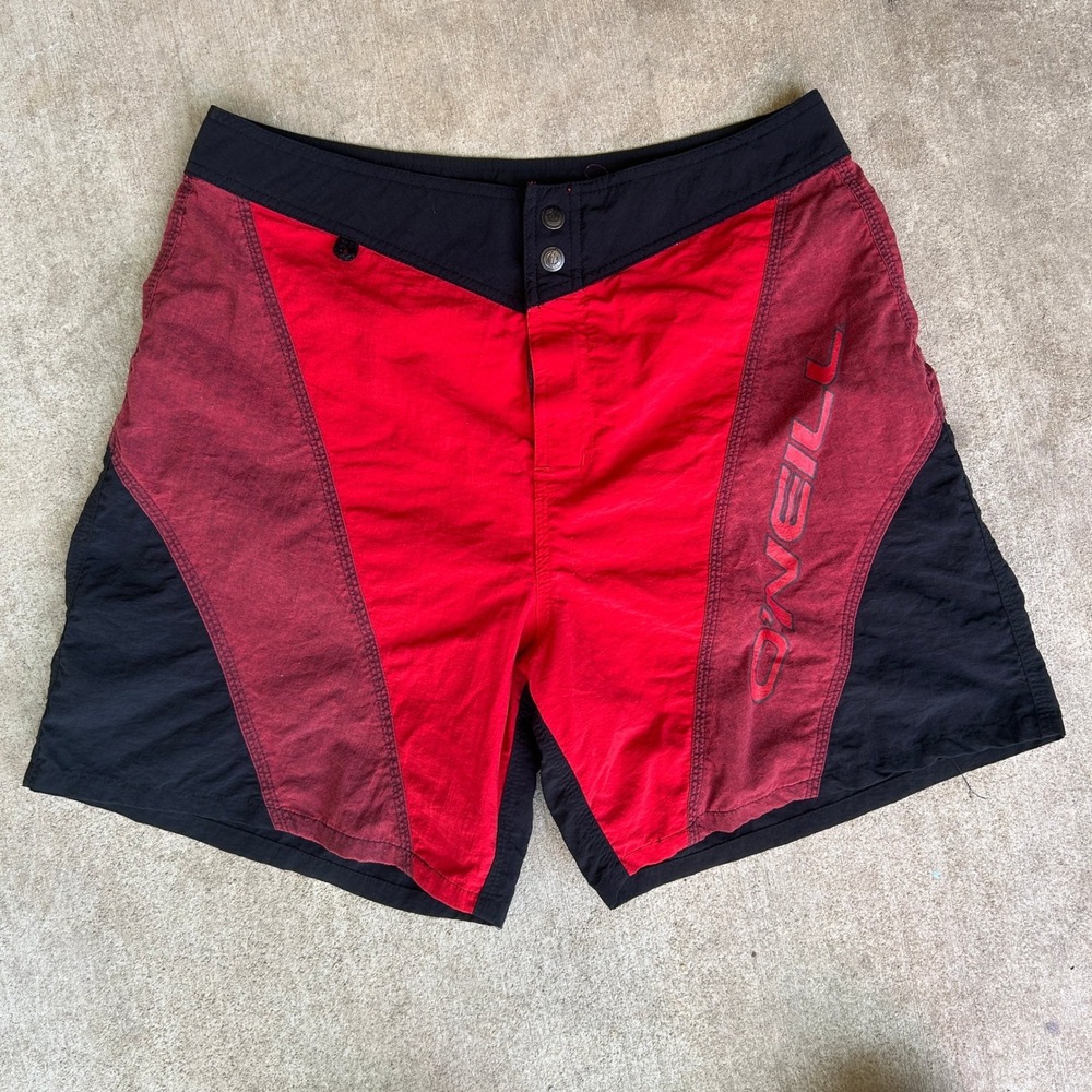90s Vintage O'Neill Board Shorts Size 32 Red Black Colorblock Y2K Surf Baggies